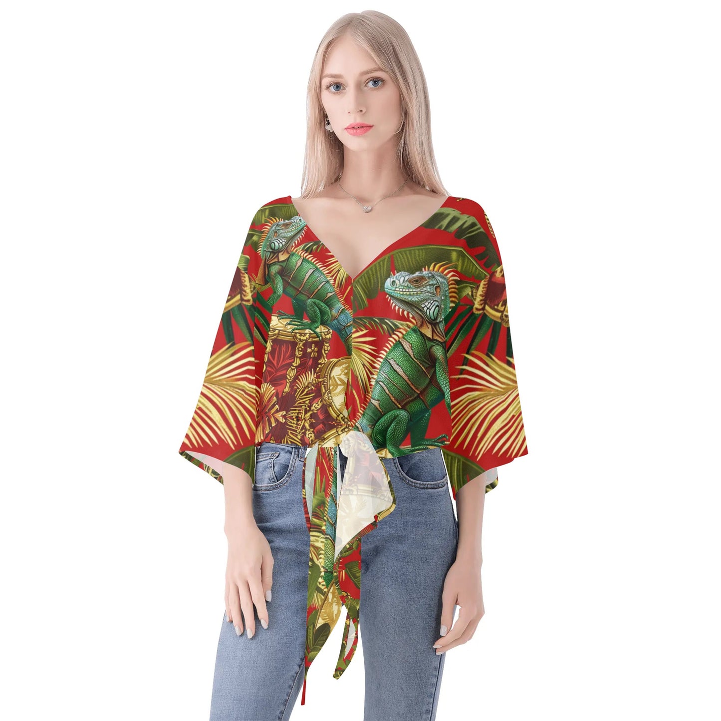 Shango Women‘s’ V-neck Tie Front Knot Chiffon Blouse