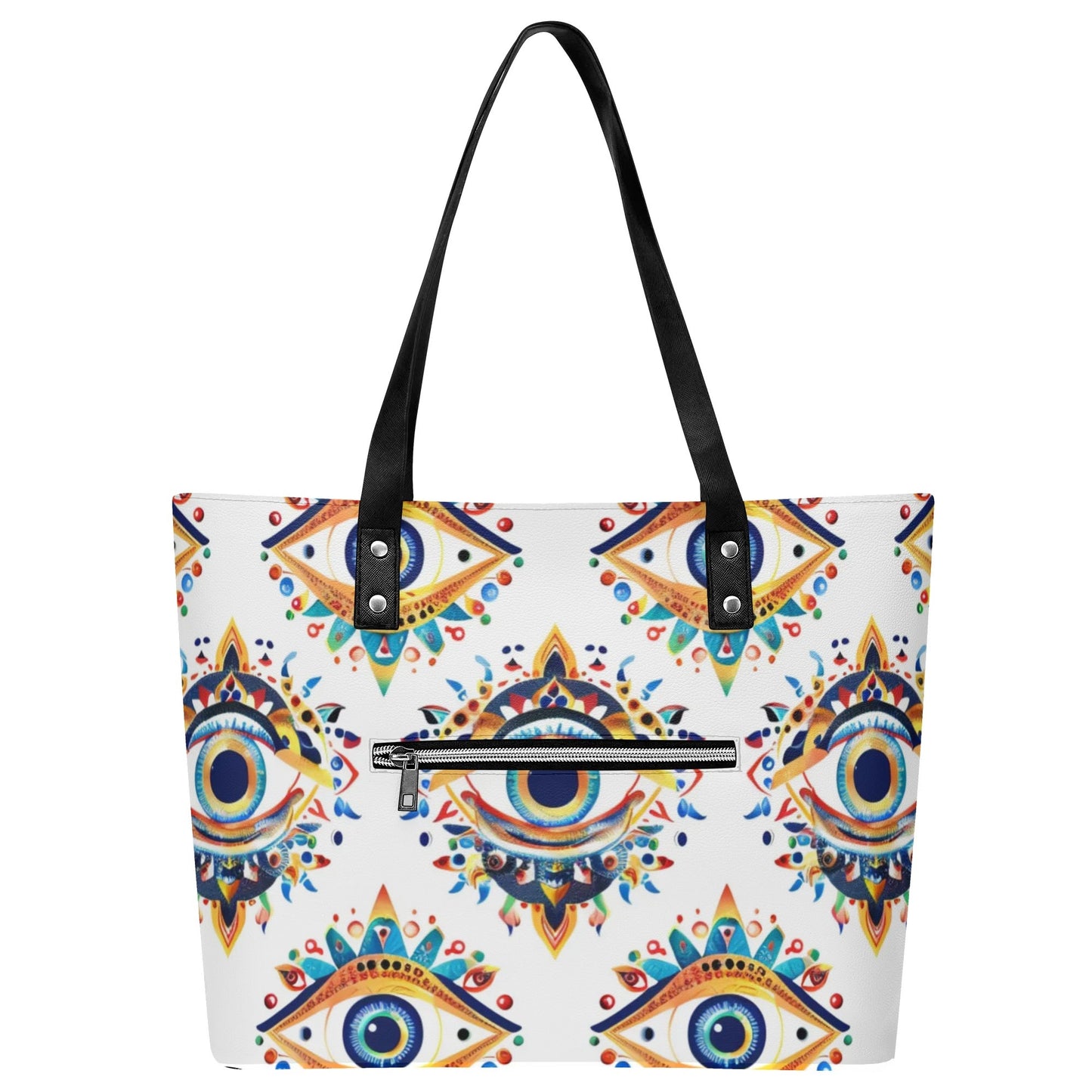 Evil Eye Womens PU Leather Tote Bag with Front Zipper Pocket